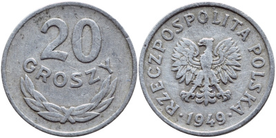 Польша 20 грошей 1949 KM 43а, Parchimowicz 207b алюминий 26-769