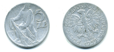 Польша 5 злотых 1959 MW, рыбак KM 47 алюминий 37-145