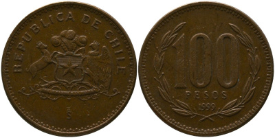 Чили 100 песо 1999 So KM 226.2, Schon 71 алюминиевая бронза 4388-212