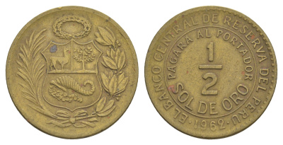 Перу 1/2 соль 1962 KM 220 латунь 4620-231