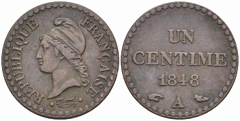 ФРАНЦИЯ 1 САНТИМ 1848 A, ВТОРАЯ РЕСПУБЛИКА (1848-1852) KM 754, LE FRANC 101.1 бронза 105-343