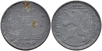 БЕЛЬГИЯ 1 ФРАНК 1946 BELGIE-BELGIQUE, ГЕРМАНСКАЯ ОККУПАЦИЯ, ВТОРАЯ МИРОВАЯ ВОЙНА KM 128 цинк 51-1654