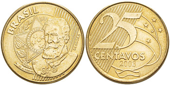 БРАЗИЛИЯ 25 СЕНТАВО 2003 KM 650 сталь плакированная латунью 4544-313