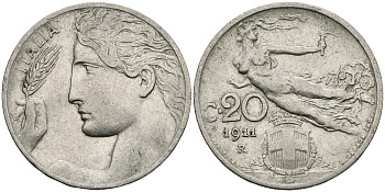 ИТАЛИЯ 20 ЧЕНТЕЗИМО 1911 R, ВИКТОР ИМАНУИЛ KM 44 никель 540-743