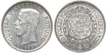 Швеция 1 крона 1934 G, Густав V (1907-1950) KM 786.2 серебро 4178-637