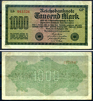 Германия 1000 марок 1922 выпуск 15 сентября 1922, водяной знак J, зеленая бумага, серия GP, буква LB Pick 76 g (3) бумага 6279-34-1-2