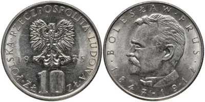 Польша 10 злотых 1975 MW, Болеслав Прус KM 73, Parchimowicz 242a медно-никель 98-251