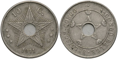 Бельгийское Конго 10 сантимов 1911 Альберт I (1909-1934) KM 18 медно-никель 27-1125