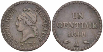ФРАНЦИЯ 1 САНТИМ 1848 A, ВТОРАЯ РЕСПУБЛИКА (1848-1852) KM 754, LE FRANC 101.1 бронза 105-343