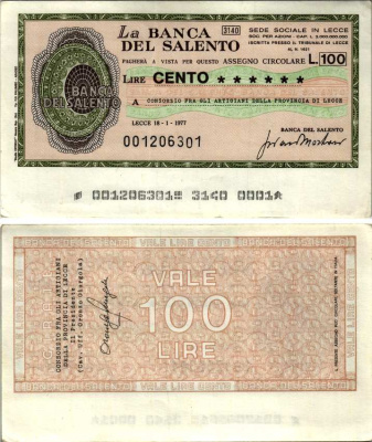 Италия 100 лир 1977 18 января 1977 La Banca Del Salento бумага 7221-50-2-1