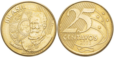 БРАЗИЛИЯ 25 СЕНТАВО 2003 KM 650 сталь плакированная латунью 4544-313