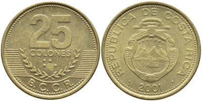 КОСТА-РИКА 25 КОЛОН 2001 B.C.C.R. KM 229а латунь 54-2053