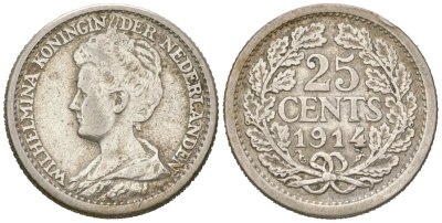 Нидерланды 25 центов 1914 Вильгельмина (1890-1948) KM 146 серебро 4151-861