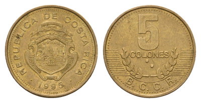 Коста-Рика 5 колонов 1995 год-тип KM 227 сталь плакированная бронзой 4679-742