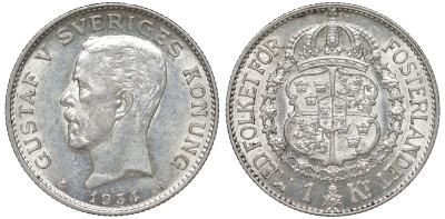 Швеция 1 крона 1934 G, Густав V (1907-1950) KM 786.2 серебро 4178-637