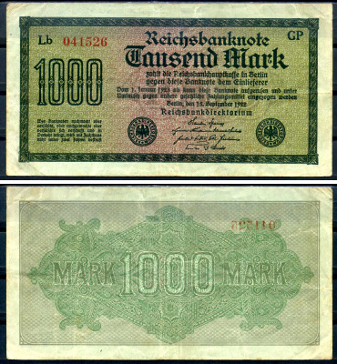 Германия 1000 марок 1922 выпуск 15 сентября 1922, водяной знак J, зеленая бумага, серия GP, буква LB Pick 76 g (3) бумага 6279-34-1-2