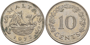 Мальта 10 центов 1972 баржа Великого магистра KM 11 медно-никель 82-611