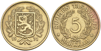 ФИНЛЯНДИЯ 5 МАРОК 1931 S KM 31 алюминиевая бронза 4563-345