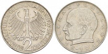 ФРГ 2 марки 1957 J , Макс Планк KM 116, J. 392 медно-никель плакированный никелем 3718-1245