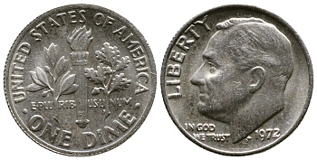 США 10 ЦЕНТОВ = 1 ДАЙМ 1972 РУЗВЕЛЬТ KM 195а медь плакированная медно-никелем 08-1453