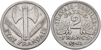 Франция 2 франка 1943 правительство Виши KM 904.1 алюминий    4153-447