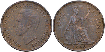 Великобритания 1 пенни 1946 Георг VI (1936-1952) KM 845, Spink 4114 бронза 4593-233
