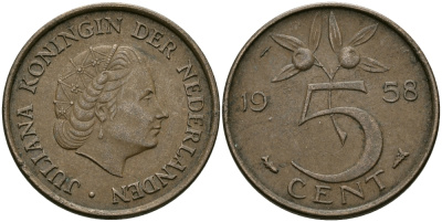 НИДЕРЛАНДЫ 5 ЦЕНТОВ 1958 ЮЛИАНА KM 181 бронза 95-335