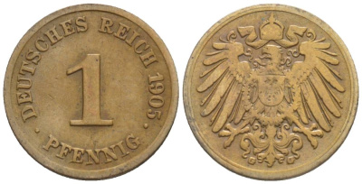 ГЕРМАНИЯ 1 ПФЕННИГ 1905 G KM 10, Jager. 10, Weege 2 медь 4528-1234
