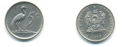 ЮАР 5 центов 1977 герб, райский журавль KM 84 никель UNC 86-1236