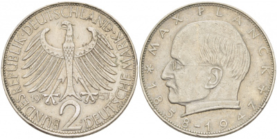 ФРГ 2 марки 1957 J , Макс Планк KM 116, J. 392 медно-никель плакированный никелем 3718-1245