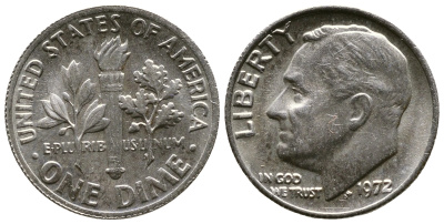 США 10 ЦЕНТОВ = 1 ДАЙМ 1972 РУЗВЕЛЬТ KM 195а медь плакированная медно-никелем 08-1453