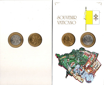 Ватикан набор из 2 монет (200 и 1000 лир) 2001 в красочной упаковке KM 335 и 337 UNC 3-5-3-34