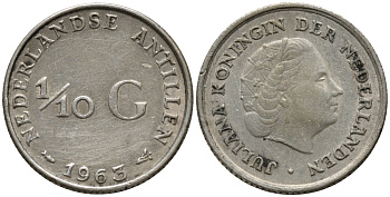 Нидерландские Антилы 1/10 гульдена 1963 Юлиана (1948-1980) KM 3 серебро 4387-964