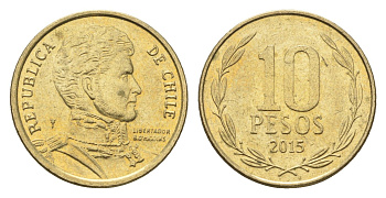 Чили 10 песо 2015 KM 228 никель латунь 4664-443