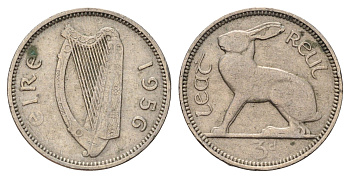 Ирландия 3 пенса 1956 заяц KM 12a медно-никель 4682-542