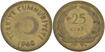 ТУРЦИЯ 25 КУРУШЕЙ 1948 KM 886 латунь 4592-252