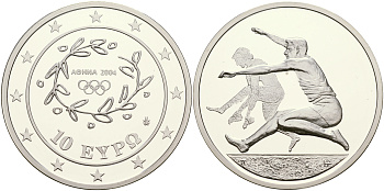 Греция 10 евро 2003 XXVIII летние Олимпийские игры 2004 года в Афинах, прыжки в длину KM 194 серебро PROOF 06-245-21