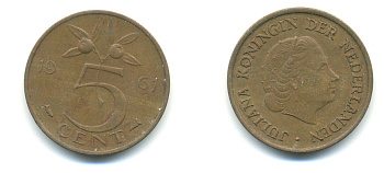 НИДЕРЛАНДЫ 5 ЦЕНТОВ 1961 ЮЛИАНА KM 181 бронза 83-846