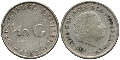 Нидерландские Антилы 1/10 гульдена 1963 Юлиана (1948-1980) KM 3 серебро 4387-964