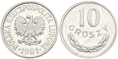 ПОЛЬША 10 ГРОШЕЙ 1981 MW KM АА47 алюминий UNC 4516-112