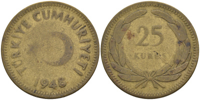 ТУРЦИЯ 25 КУРУШЕЙ 1948 KM 886 латунь 4592-252