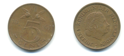 НИДЕРЛАНДЫ 5 ЦЕНТОВ 1961 ЮЛИАНА KM 181 бронза 83-846