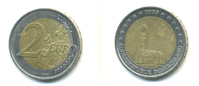 ФРГ 2 евро 2008 J, серия федеральные земли, церковь Св. Михаила в Гамбурге KM 261 биметалл 176-111