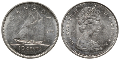 Канада 10 центов 1976 Елизавета II (1952-2022), парусник KM 77.1 никель никель 73-1732