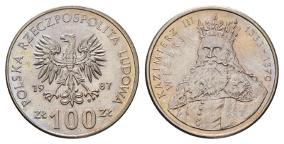 Польша 100 злотых 1987 MW, серия Польские короли, король Казимир III Великий (1333-1370) Y 167 медно-никель UNC 4653-743