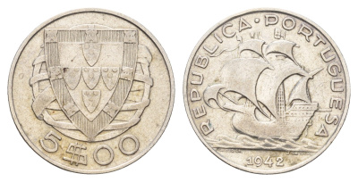 Португалия 5 эскудо 1942 KM 581 серебро 4675-743