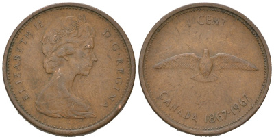 Канада 1 цент 1967 100 лет Конфедерации Канада KM 65 бронза 4608-144