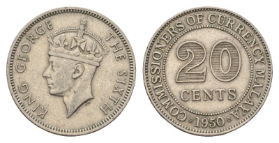Малайя 20 центов 1950 Георг VI (1936-1952) KM 9 медно-никель 4579-433