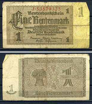 Германия 1 рентенмарка 1937 Pick 173 b бумага 8621-42-3-1