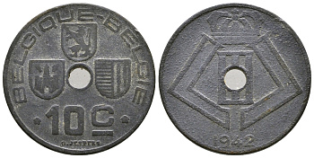 Бельгия 10 сантимов 1942 Belgique - Belgie, Леопольд III (1934-1947), германская оккупация, Вторая мировая война KM 125 цинк 177-1025